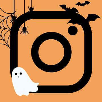 Black camera icon with halloween elements like ghosts bats spiders and webs on orange background creates festive social media profile frame spooky digital avatar and holiday marketing logo design.