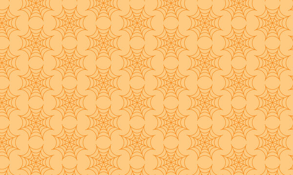Orange spider web repeating pattern on light peach background serves as spooky geometric decoration for halloween marketing banners festive party posters creepy textile prints and holiday graphics.