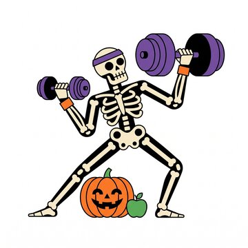 Funny Skeleton Working Out with Dumbbell Halloween Vector Illustration