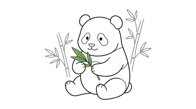 Cute panda holding bamboo leaf, sitting