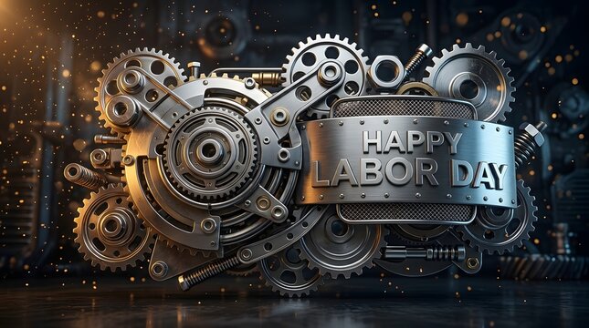 A detailed industrial background featuring metallic gears and cogs with the text happy labor day embossed in steel