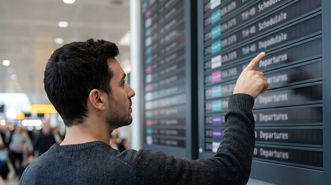 Man checking departure flight information on airport screen and pointing to screen showing travel destination for vacation and business trip.