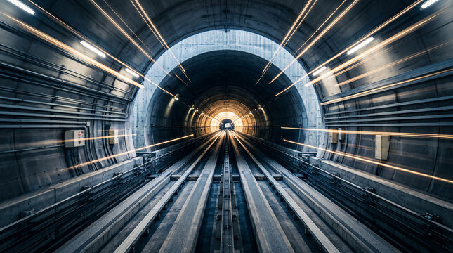 Symmetrical long-exposure perspective inside a modern concrete railway tunnel, showing parallel tracks stretching toward a glowing exit with dynamic streaks of light.
