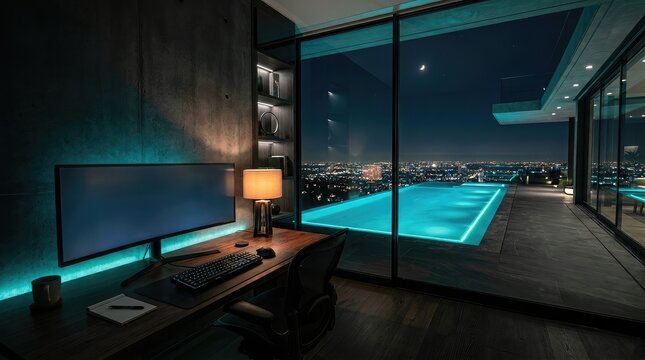 Luxury night view study room setup with computer monitor, desk lamp and private pool terrace
