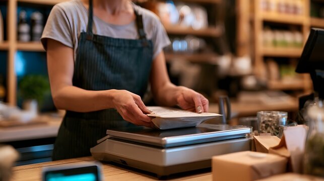 A person wearing apron places a package on digital scale at wooden counter inside cozy shop