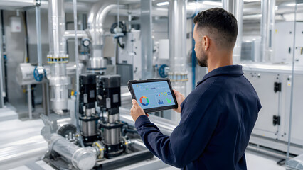 Fototapeta premium Industrial Engineer Using Tablet in Manufacturing Plant