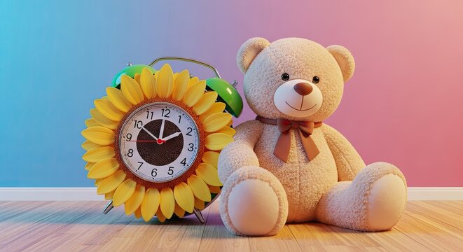 Teddy Bear and Sunflower Alarm Clock, Childhood Nostalgia, Soft Colors