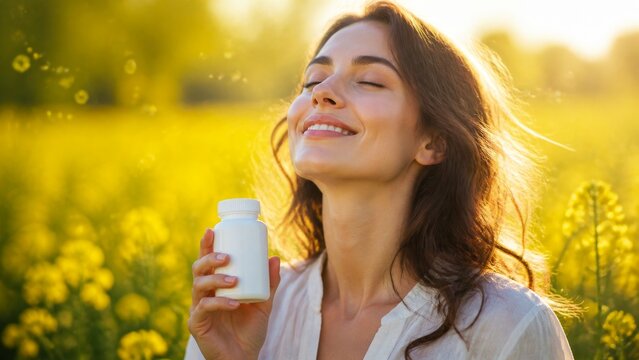 Smiling woman holding supplement bottle in bright yellow flower field