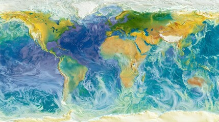Fototapeta premium A vibrant global map showing continents and oceans with color coded elevation and depth variations