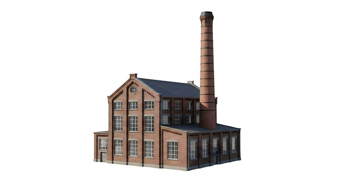 A detailed vintage brick factory building with a tall chimney isolated on transparent background