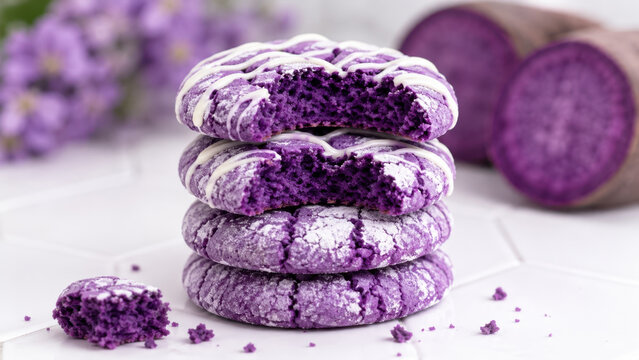 Ube cookies with purple yam for bakery menus, dessert promotion, recipe content, confectionery marketing, stacked with cracked sugar coating, white drizzle, soft crumb exposed