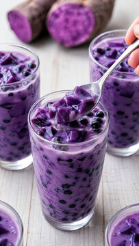 Spoon lifting purple jelly cubes from a glass of ube boba milk tea surrounded by other drinks and raw yams
