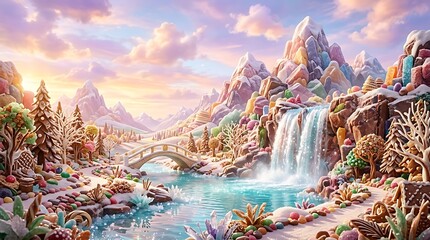 Fototapeta premium Whimsical Candy Land Landscape with Chocolate River and Waterfall