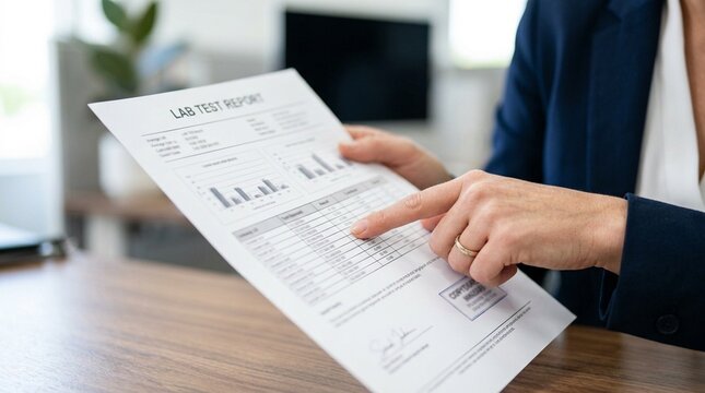 Quality assurance manager reviewing a supplier's third-party lab test certificate. Stock Photo for Quality Control & Factory Audit