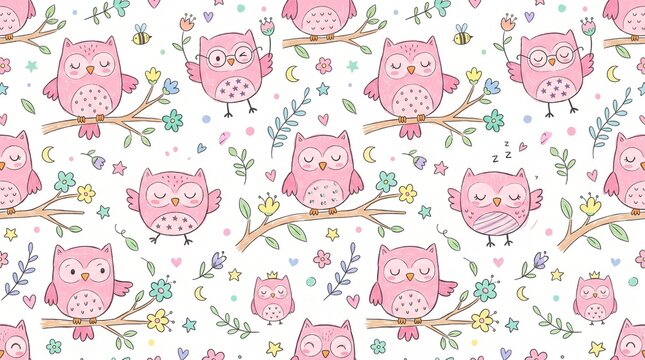 Cute Pink Owl and Woodland Animals on Branches Seamless Pattern for Nursery
