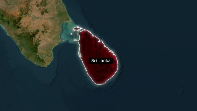 Zooming satellite map sequence revealing the island nation of Sri Lanka highlighted in red
