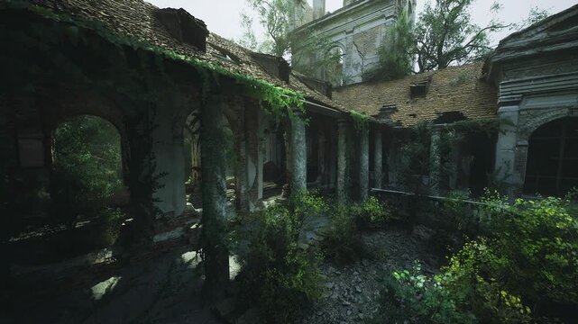 Ivydraped columns framing sunlit courtyard with scattered ruins and lush growth roof gaps allow shafts of light over wild undergrowth, tactile stone surfaces