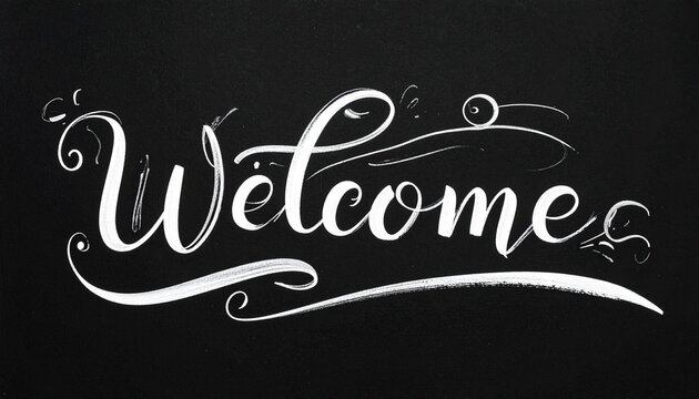 Elegant welcome cursive lettering with decorative flourishes, stylish typography and inviting design concept
