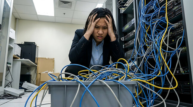 Frustrated woman overwhelmed by a chaotic mess of tangled technology cables in a server room.