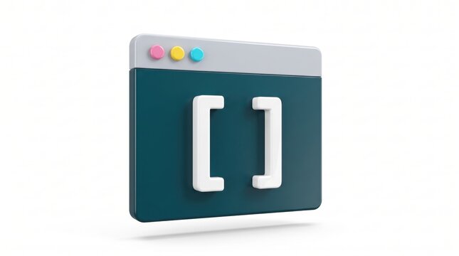 3D icon of a web browser window displaying white code brackets on a teal background, representing programming, coding, software development, and HTML syntax.