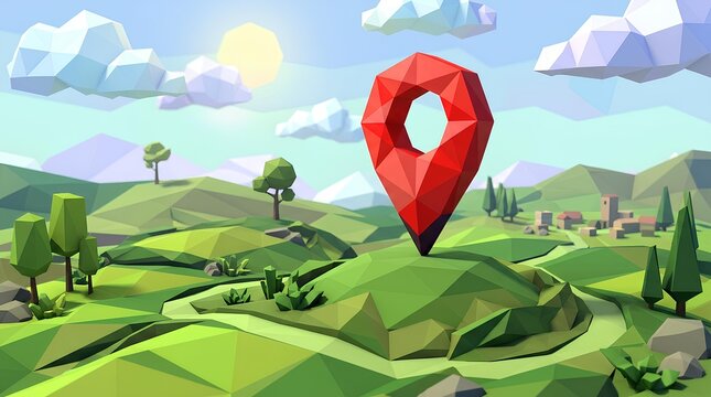 Low poly landscape with large 3D map marker.