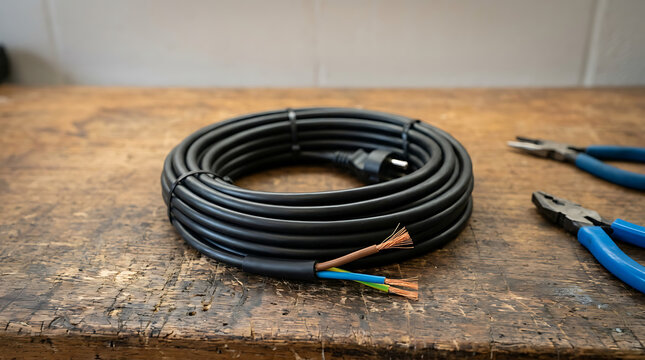 Rolled black electrical power cord with exposed, frayed copper wire conductors on a rustic wooden surface