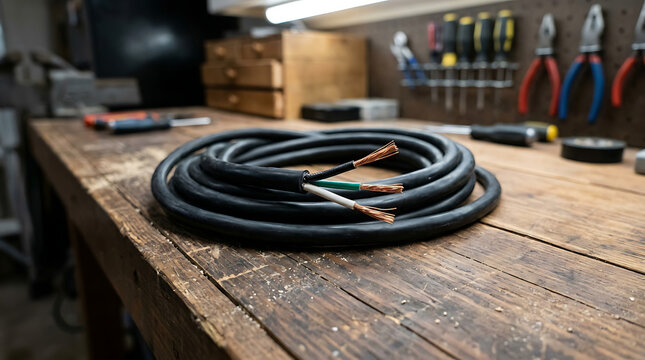 Severed electrical cord with exposed copper wire ends resting on a wooden workbench surface