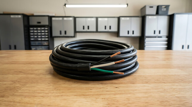 Severed Electrical Cord Showing Stripped Copper Wires on a Workshop Workbench