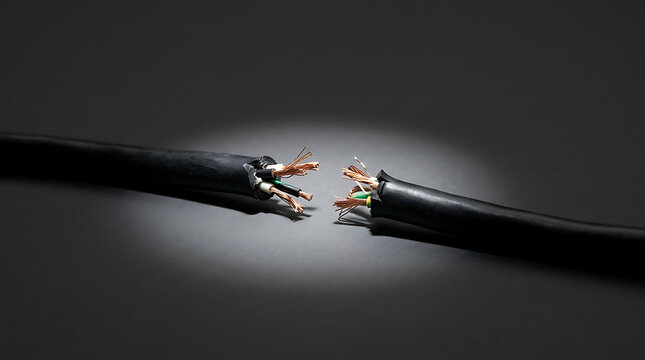 Severed electrical power cable with exposed copper conductors and frayed wires on a dark background