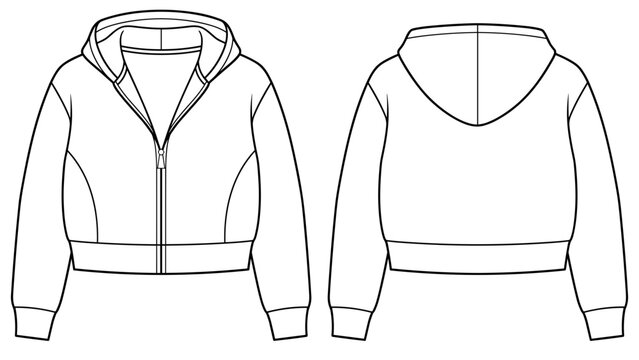 Women's Cropped Zip Up Hoodie flat technical drawing illustration mock-up template for design and tech packs women fashion CAD streetwear.