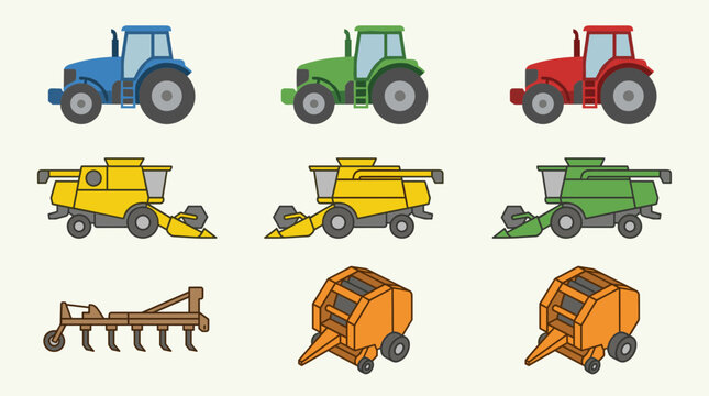 Flat design vector icons of agricultural machinery including tractors, combine harvesters, and balers, isolated on white.