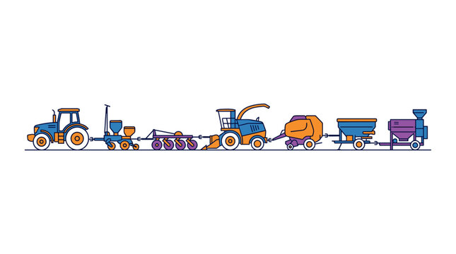 Line art vector illustration of agricultural machinery including tractor, planter, combine, and baler in flat design style.