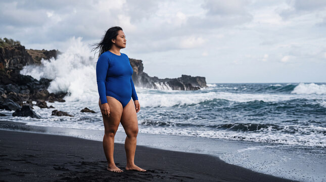 Woman standing on volcanic black sand beach with crashing ocean waves and dramatic overcast sky