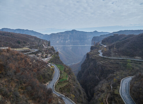 Winding Roads and Suspension Bridge in Taihang Grand Canyon, Linzhou, Henan