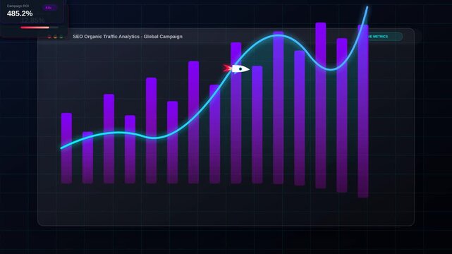 Rocket Ship Flying Over SEO Organic Traffic Growth Charts and Data Analytics Dashboard Interface
