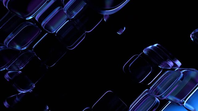 Abstract tunnel of glass blocks on a black background, 4k seamless loop 3d animation