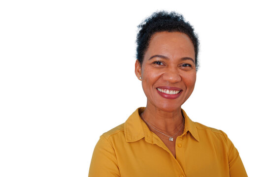 African american woman smiling, showing happiness and professionalism in a cheerful portrait on transparent background