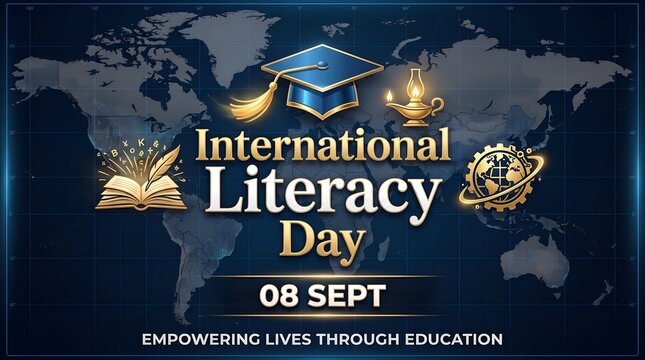 International literacy day celebration concept with a graduation cap on a dark chalkboard background with a world map illustration