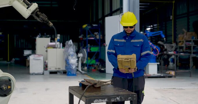 Adult male technician operates industrial robot control device in factory workshop, looking between controller and robotic welding station while monitoring automated manufacturing equipment.