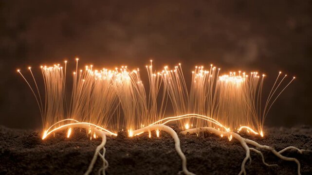 Glowing Fiber Strands Intertwined with Tree Roots, Underground Nature Technology Concept