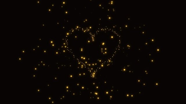 A seamless 4K motion graphic featuring golden particles swirl through a luminous vortex and assemble into a romantic heart shape on a dark background.