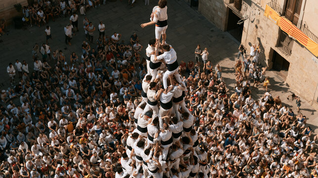 Aerial view of a traditional Catalan human tower known as Castells de Tarragona performed by a large group of skilled people during a festival