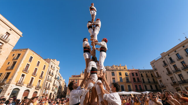The breathtaking spectacle of Castells de Tarragona features athletic human towers rising high above a vibrant square during traditional festival