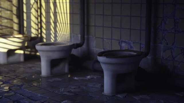 Barred sunlight across grimy ceramic sinks and tiled wall, long shadows casting rail pattern, rusted fittings, damp floor and heavy contrast, cinematic noir