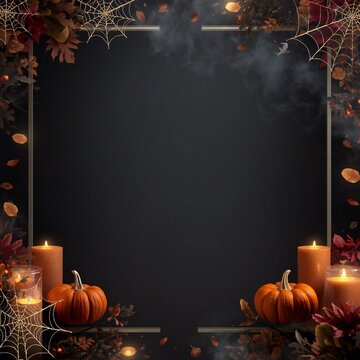 Dark Halloween Frame with Pumpkins, Candles and Spider Webs