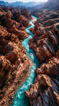 A high angle perspective of a vivid turquoise river flowing between sharp orange textured canyon walls under bright natural daylight