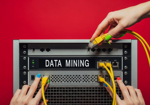 Female Hands Connecting Yellow Cables to a Data Mining Server Rack