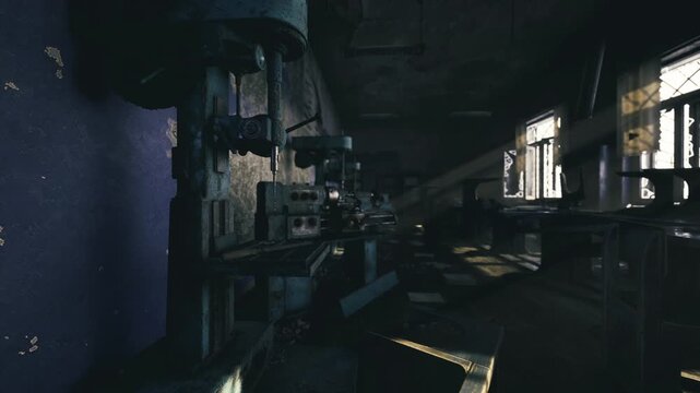 Dark abandoned factory floor with heavy industrial press and shafts of window light, rows of machines, scattered debris and layered shadow create tense