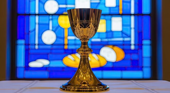 Ornate gold chalice against blue stained glass window.