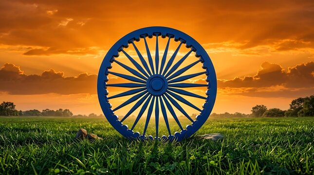 Blue dharmachakra symbol standing upright amidst lush green grassland under vibrant golden sunset horizon sky